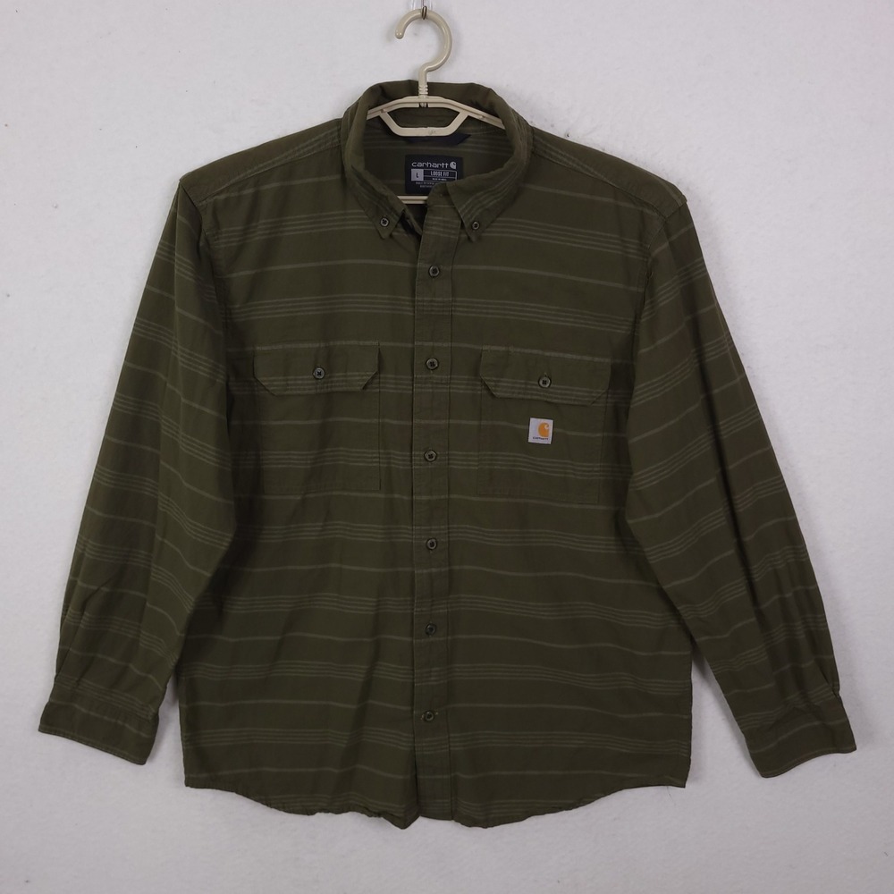 Carhartt Flannel Button Down Shirt Mens L Olive Green Striped Loose Fit